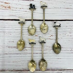 Vintage Collectible Spoon Lot Of Six WAPW Great Britain Silver Plate Cats Dogs